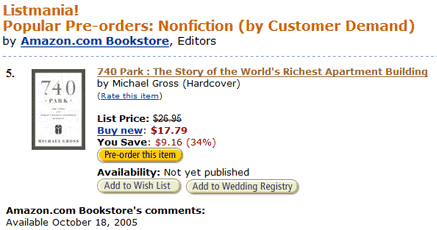 Screenshot of 740 Park in Amazon Best Sellers List